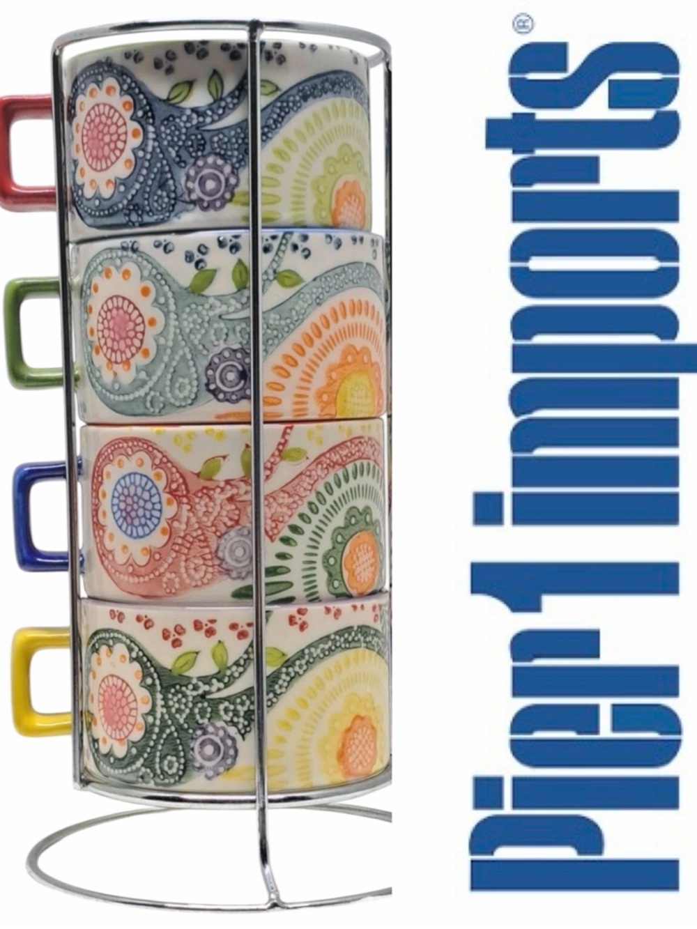 PIER 1 IMPORTS Multicolor Paisley Stacking Mug Set In Rack MW DW Safe